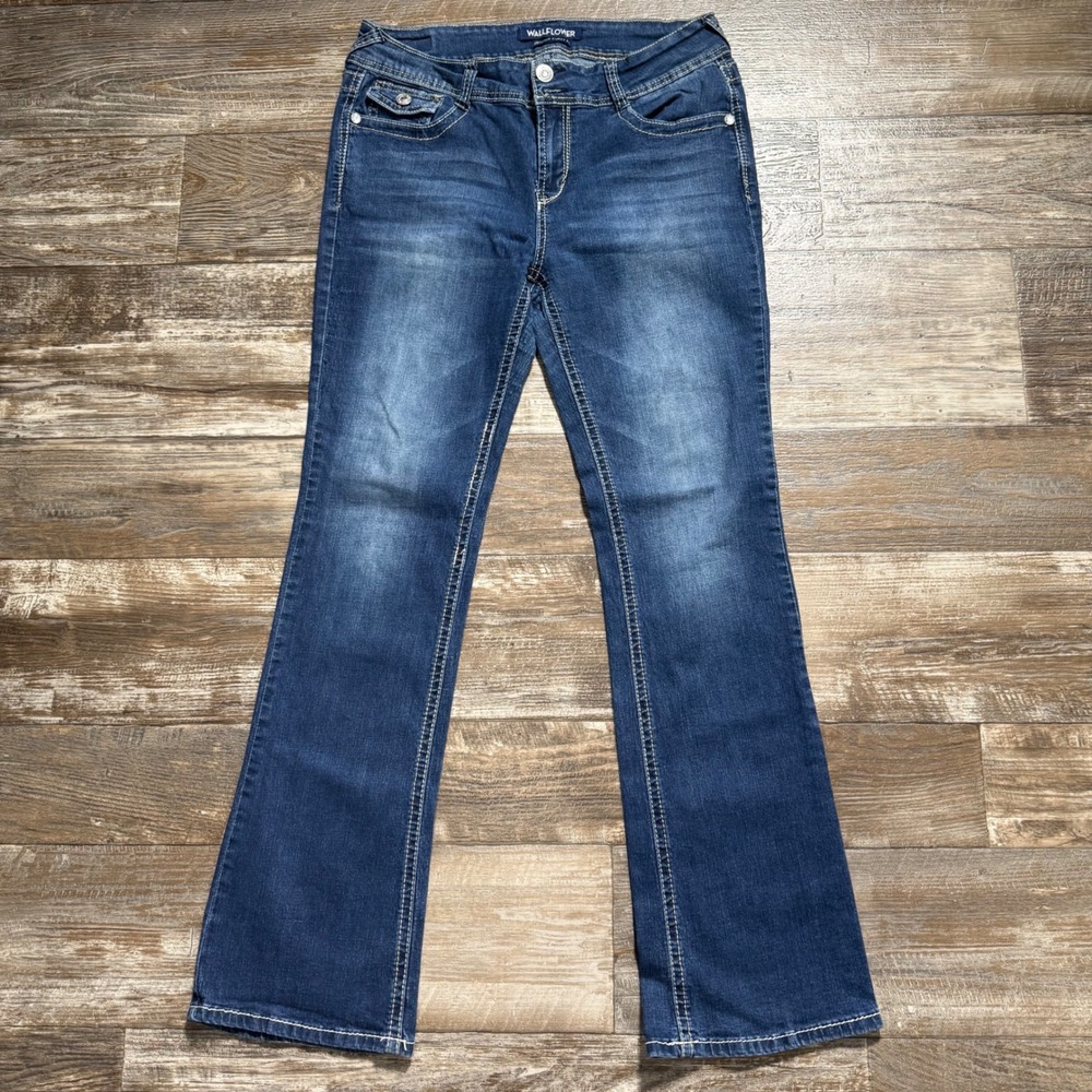 WallFlower Bootcut Jeans Women 13 Dark Wash Luscious Curvy Contrast Stitch Denim